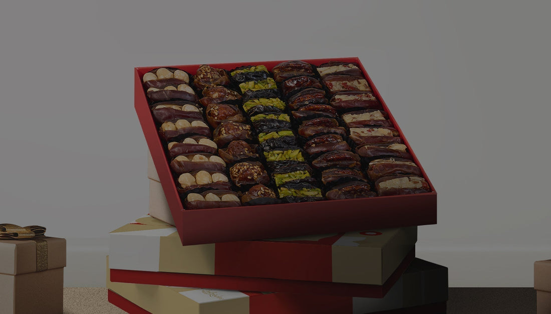 Zadina Eid gift box - Luxury filled with assorted dates for Eid celebrations and gifting.