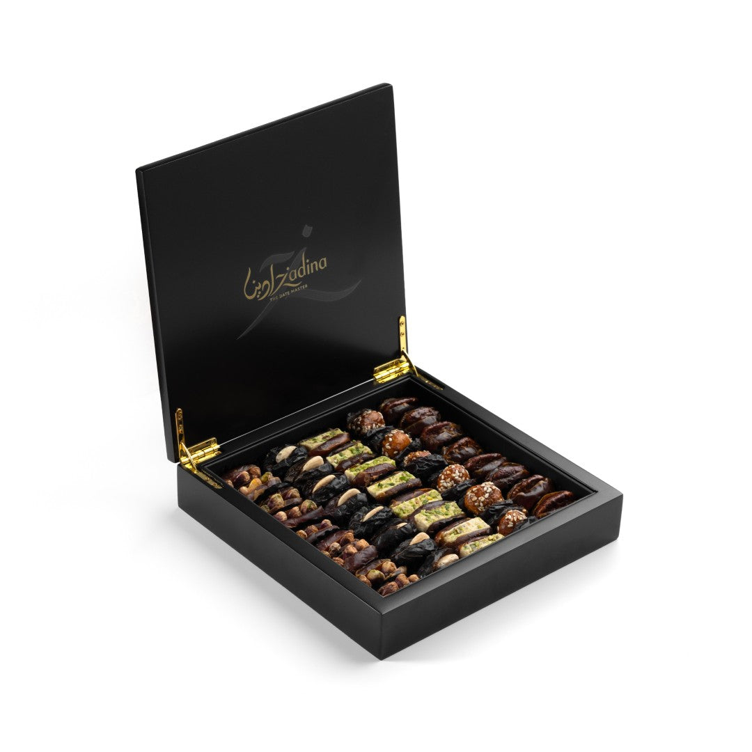 Desert-Inspired Gold Resin Small Wooden Box With Stuffed Dates Gift Set - 570g