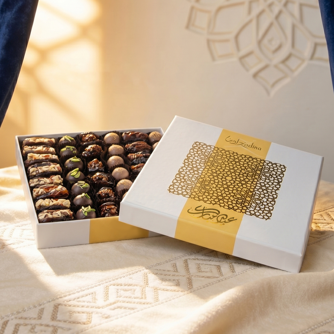 White Eid Gift Box with Filled Dates, Chocolates, and Truffles - 650g